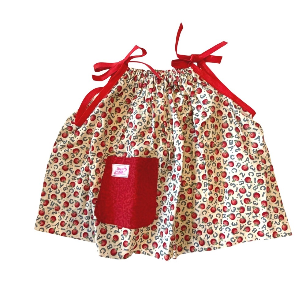 Dress A Girl Around The World Apple ABC 123 Pillowcase Dress Red Ribbon Ties